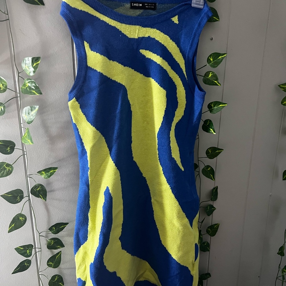 Blue and Yellow Abstract Sleeveless Dress